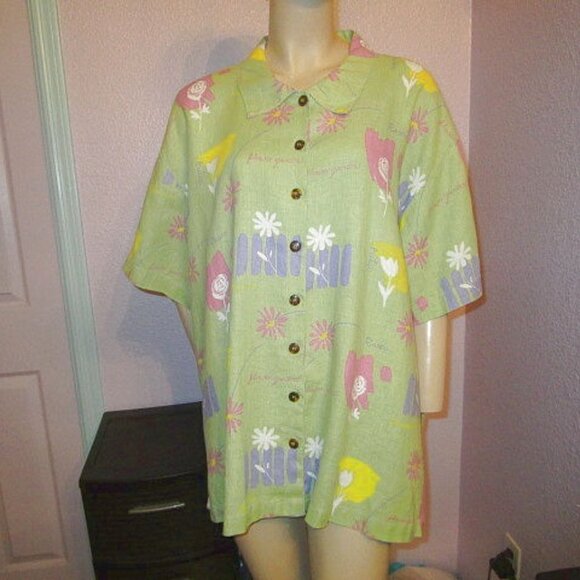 VTG Kiko LINEN Button Up Size 3X BLOUSE Tunic TOP Flowers TROPICAL Lagenlook 80s - Picture 1 of 11